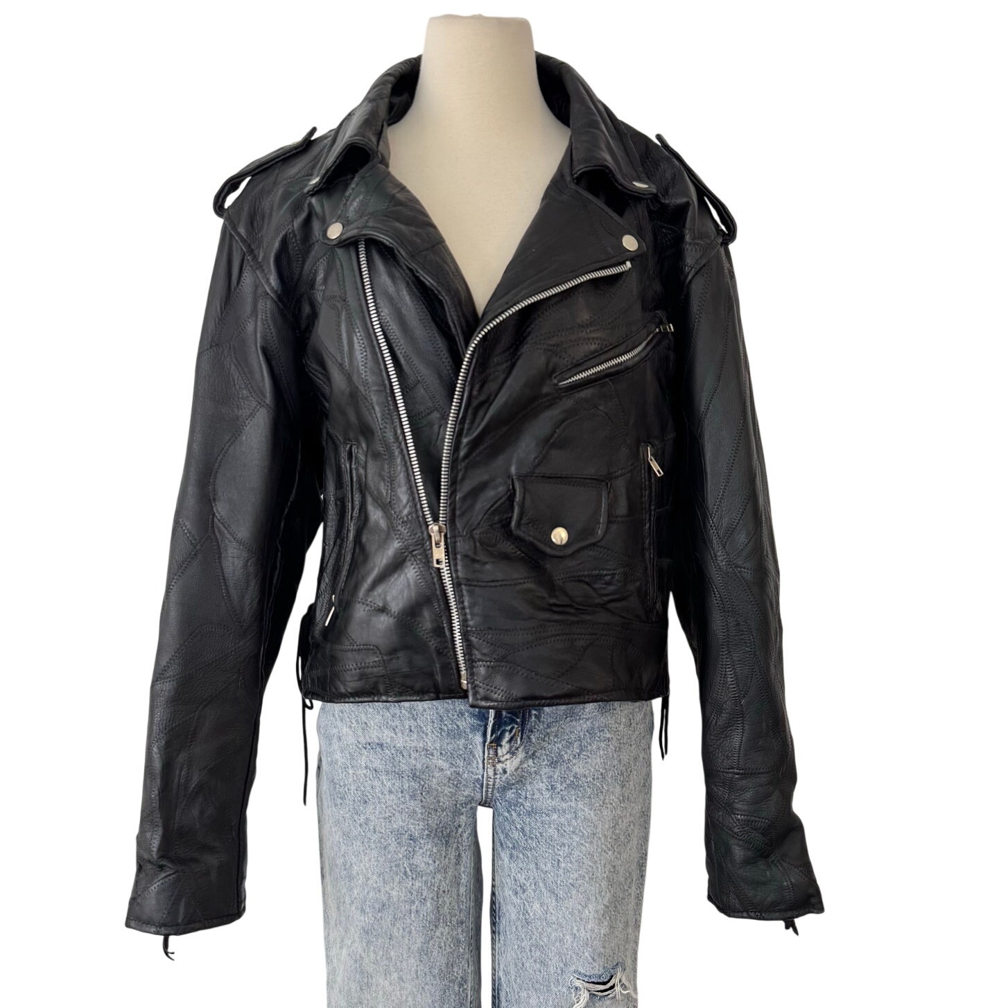 Italian Stone Design Navarre Leather Buffalo Moto Jacket Full Zip Black Women L